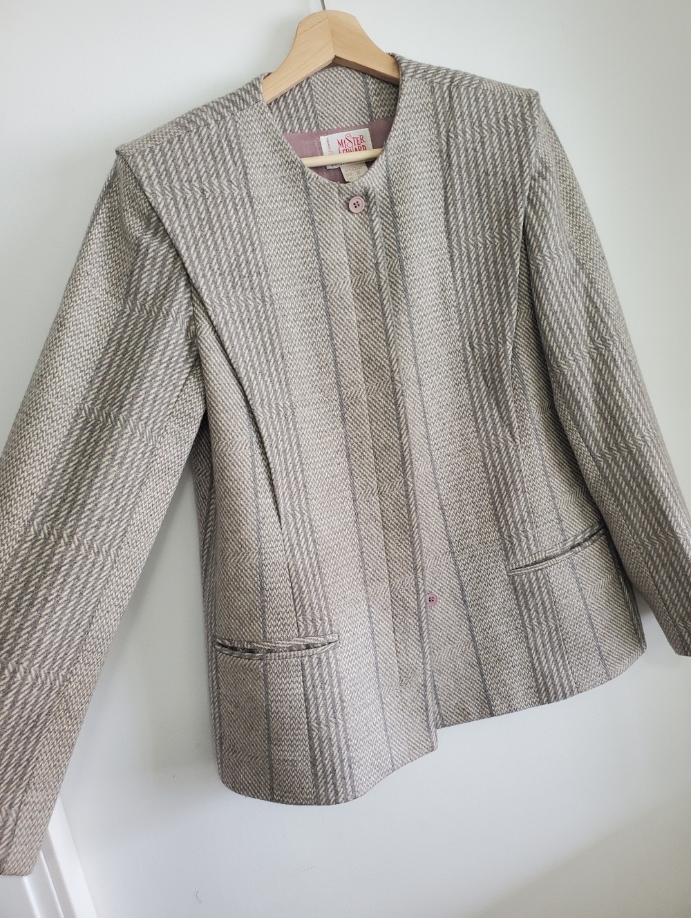 Vintage 80s Mister Leonard Wool Blazer Suit Jacket Size 10 Neutral Tweed Plaid